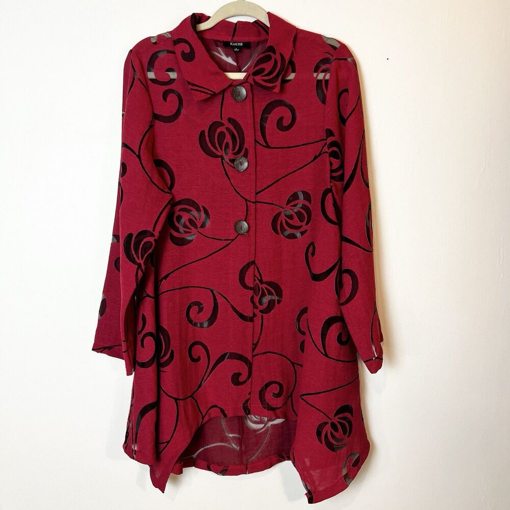 Kaktus Red Floral Top Button Up Shirt Lagenlook Tunic Women’s L